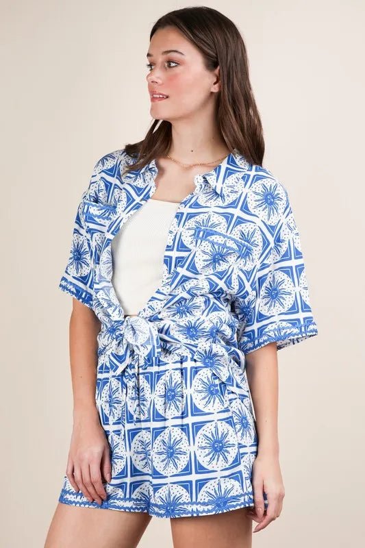VERY J Full Size Tropical Printed Shirt Top and Shorts Set Plus Size - Blu Lotus Boutique