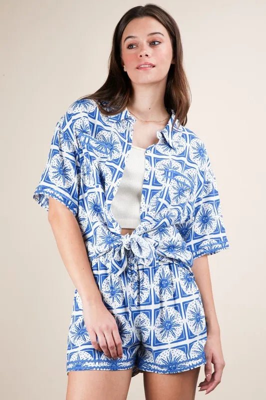 VERY J Full Size Tropical Printed Shirt Top and Shorts Set Plus Size - Blu Lotus Boutique