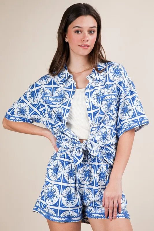 VERY J Full Size Tropical Printed Shirt Top and Shorts Set Plus Size - Blu Lotus Boutique