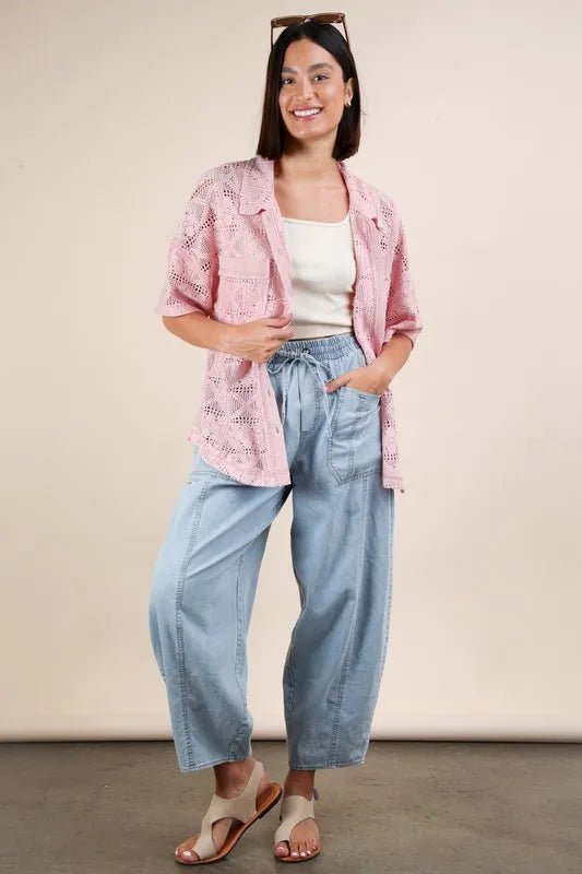 VERY J Plus Size Oversized Crochet Button Down Shirt Top - Blu Lotus Boutique