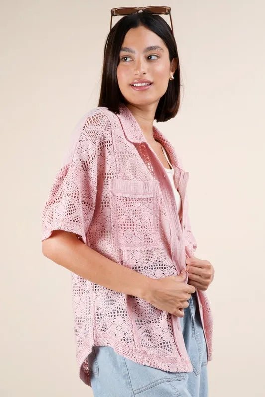 VERY J Plus Size Oversized Crochet Button Down Shirt Top - Blu Lotus Boutique