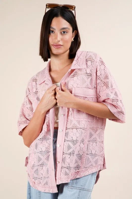 VERY J Plus Size Oversized Crochet Button Down Shirt Top - Blu Lotus Boutique