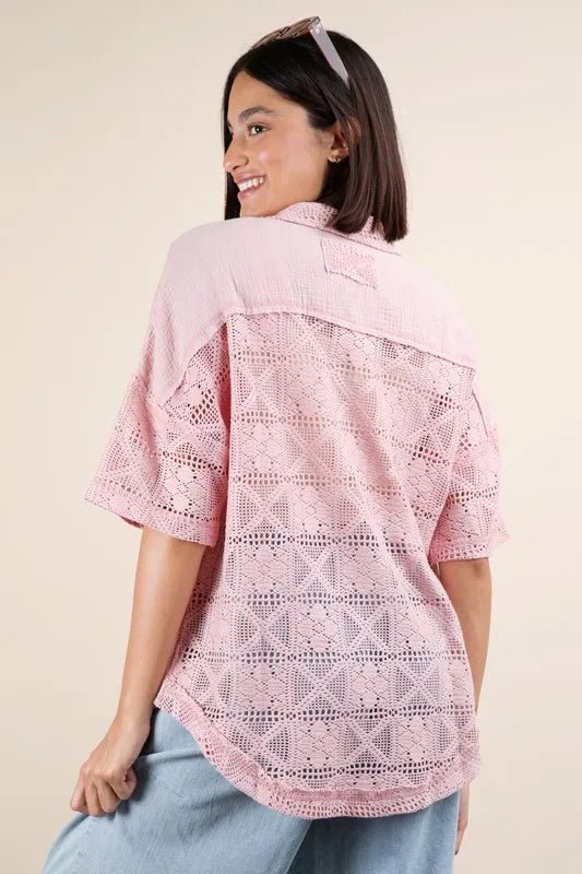 VERY J Plus Size Oversized Crochet Button Down Shirt Top - Blu Lotus Boutique