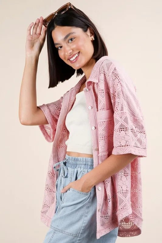 VERY J Plus Size Oversized Crochet Button Down Shirt Top - Blu Lotus Boutique