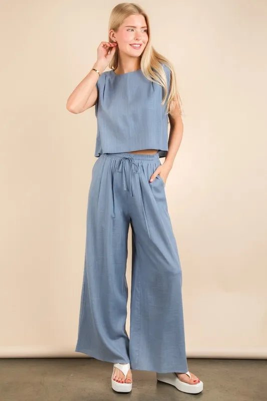 VERY J Solid Woven Top & Pants Set - Blu Lotus Boutique
