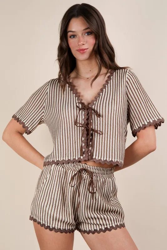 VERY J Wave Trim Detail Knit Top & Shorts Set - Blu Lotus Boutique