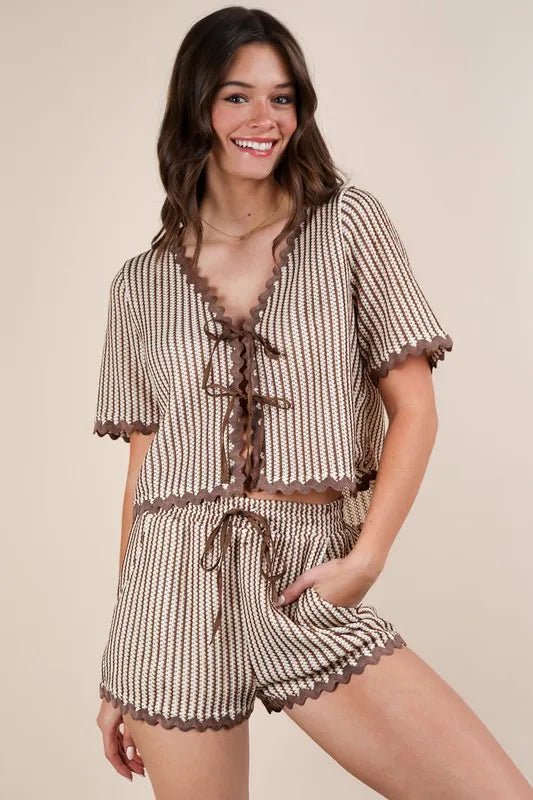VERY J Wave Trim Detail Knit Top & Shorts Set - Blu Lotus Boutique