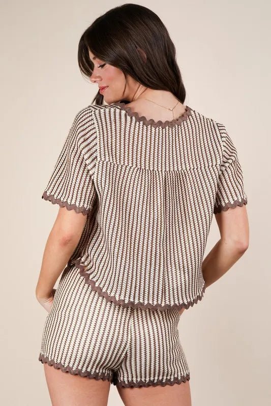 VERY J Wave Trim Detail Knit Top & Shorts Set - Blu Lotus Boutique