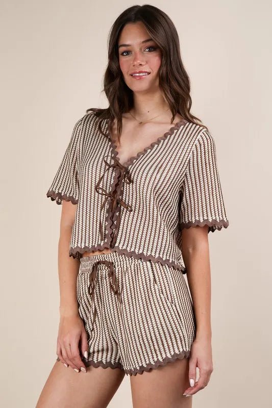 VERY J Wave Trim Detail Knit Top & Shorts Set - Blu Lotus Boutique
