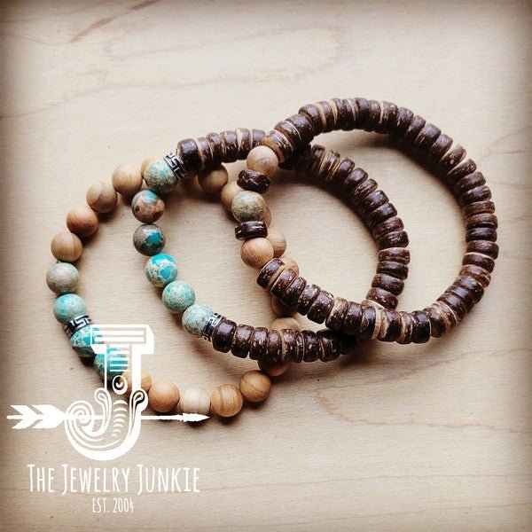 Wood and Imperial Jasper Stretch Bracelet Trio - Blu Lotus Boutique