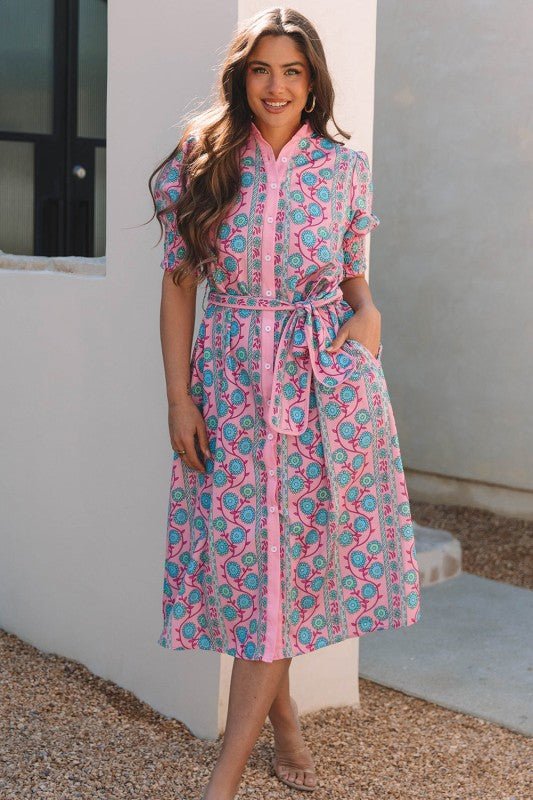 Zariyah Floral Shirred Buttoned Front Midi Dress - Blu Lotus Boutique