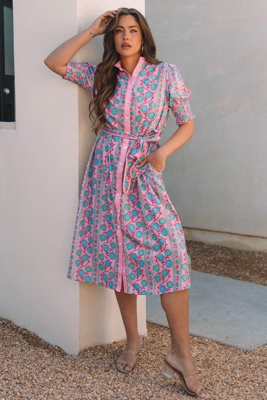 Zariyah Floral Shirred Buttoned Front Midi Dress - Blu Lotus Boutique