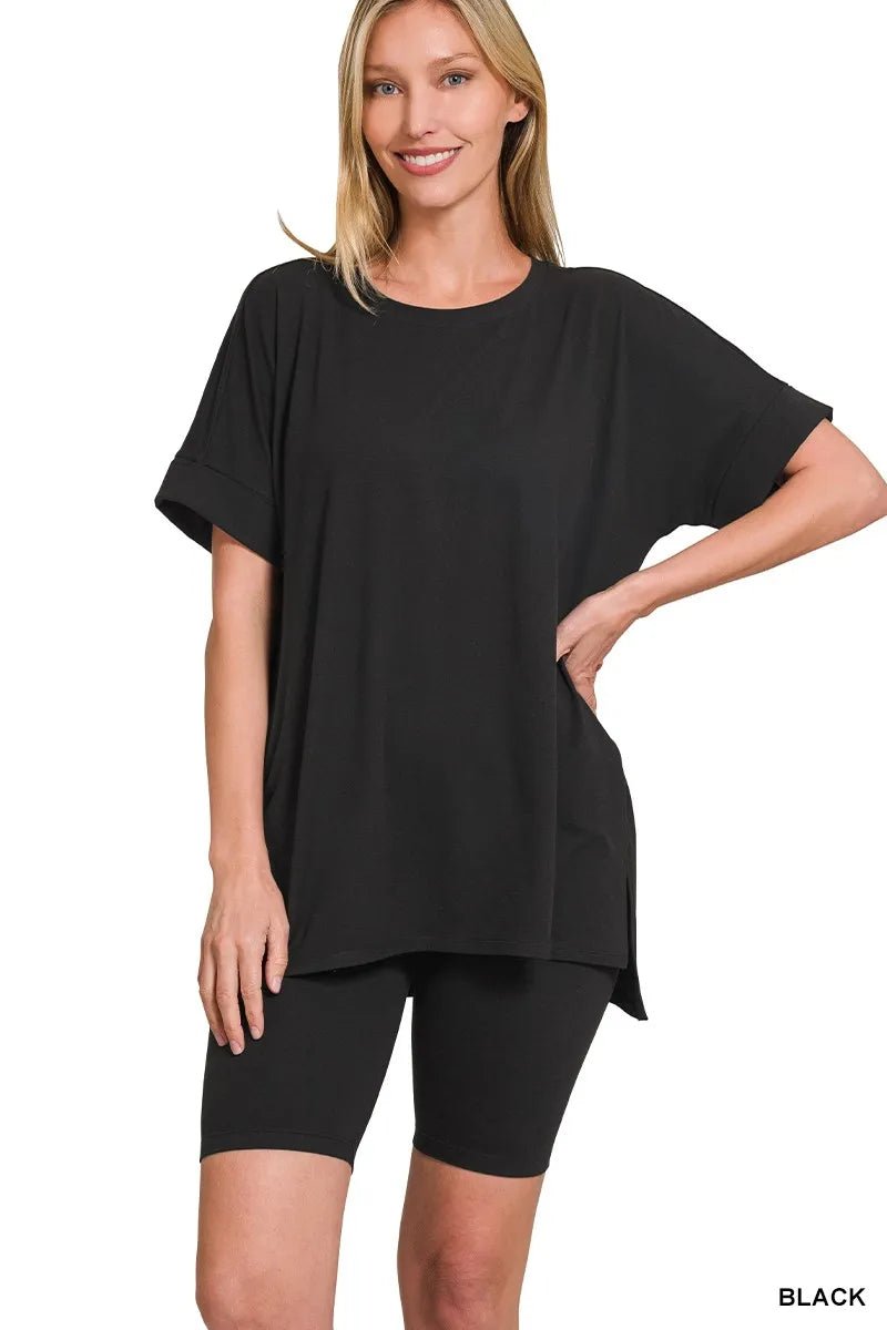 Zenana Brushed Dty Microfiber Round Neck Top and Biker Shorts Set - Blu Lotus Boutique