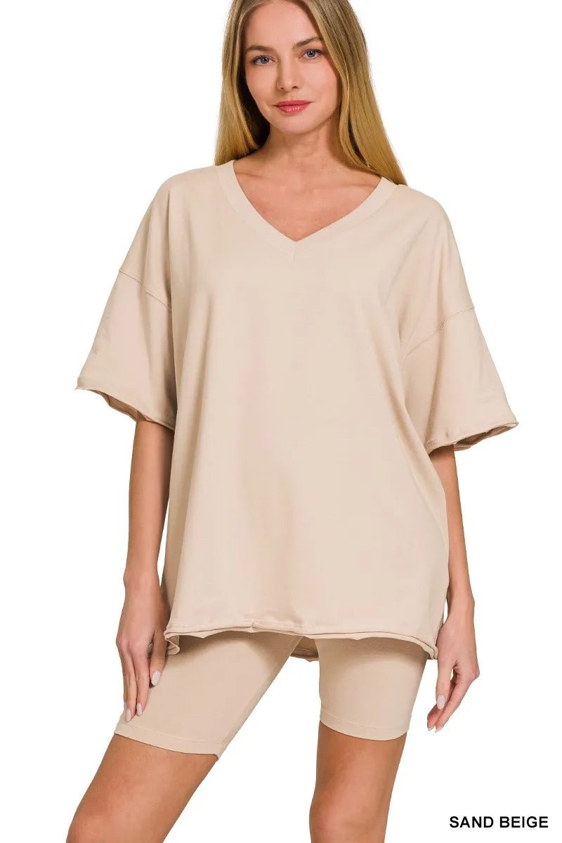 Zenana Cotton V - neck Top & Biker Shorts Set - Blu Lotus Boutique