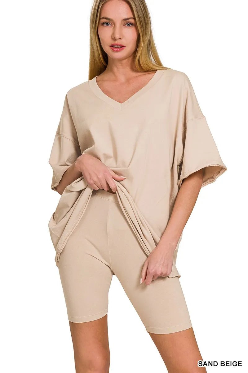 Zenana Cotton V - neck Top & Biker Shorts Set - Blu Lotus Boutique