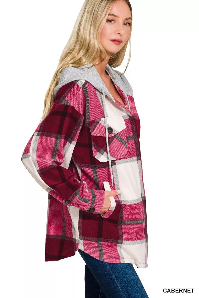 Zenana Plaid Drawstring Hooded Fleece Shacket - Blu Lotus Boutique