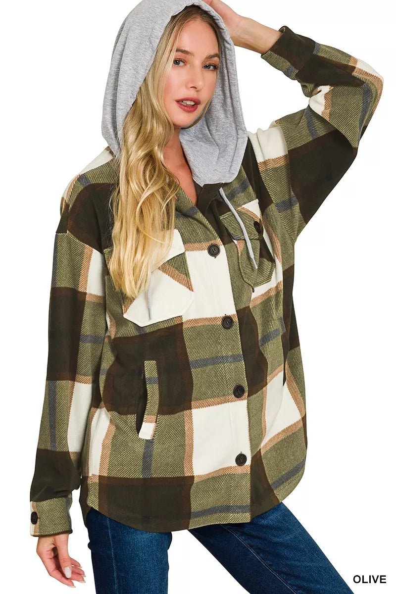 Zenana Plaid Drawstring Hooded Fleece Shacket - Blu Lotus Boutique