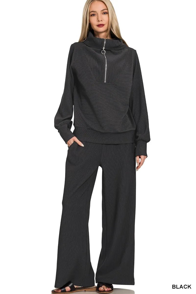 Zenana Ribbed High Neck Half Zip Pullover & Pants Set - Blu Lotus Boutique