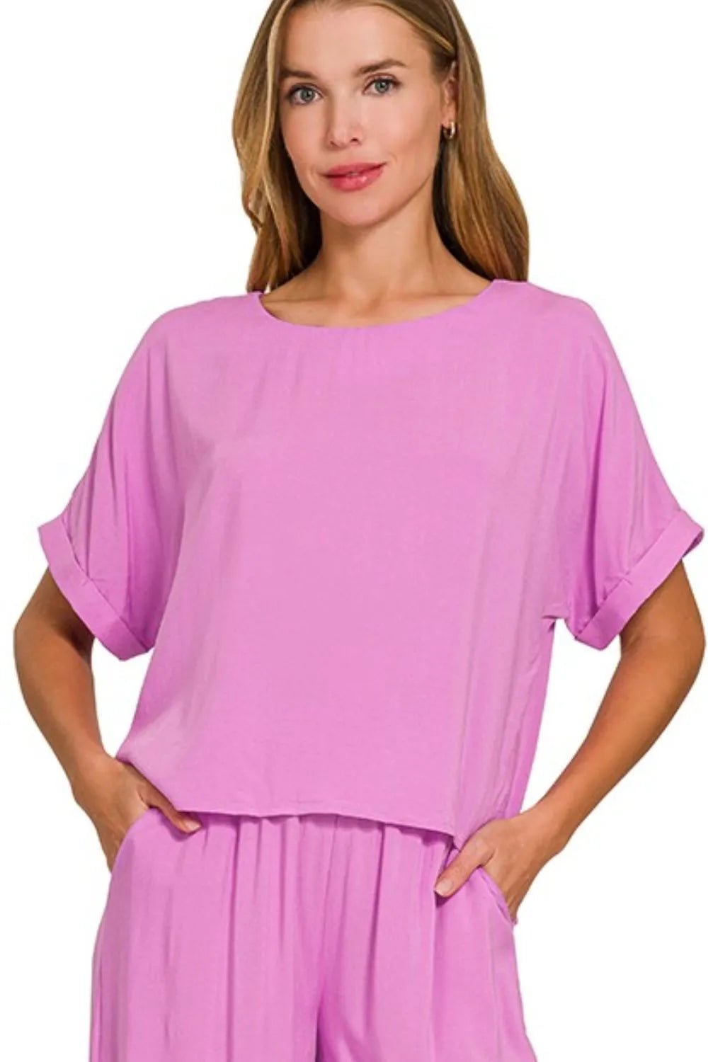 Zenana Round Neck T-Shirt and Wide Leg Pants Set - Blu Lotus Boutique