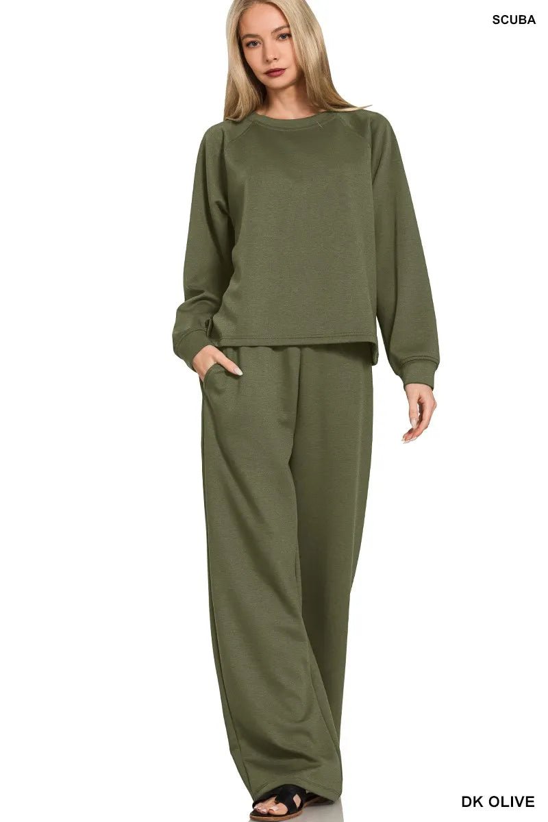 Zenana Scuba Crewneck Sweatshirt and Pants Set - Blu Lotus Boutique