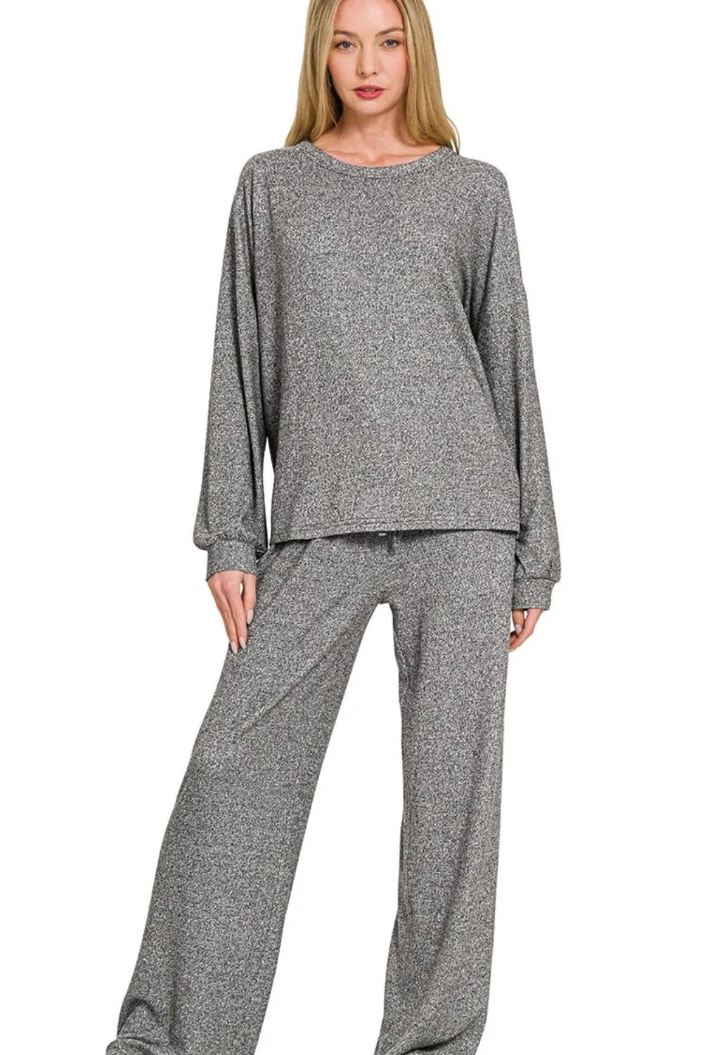 Zenana Soft Melange Hacci Long Slv Tee & Pants Set - Blu Lotus Boutique