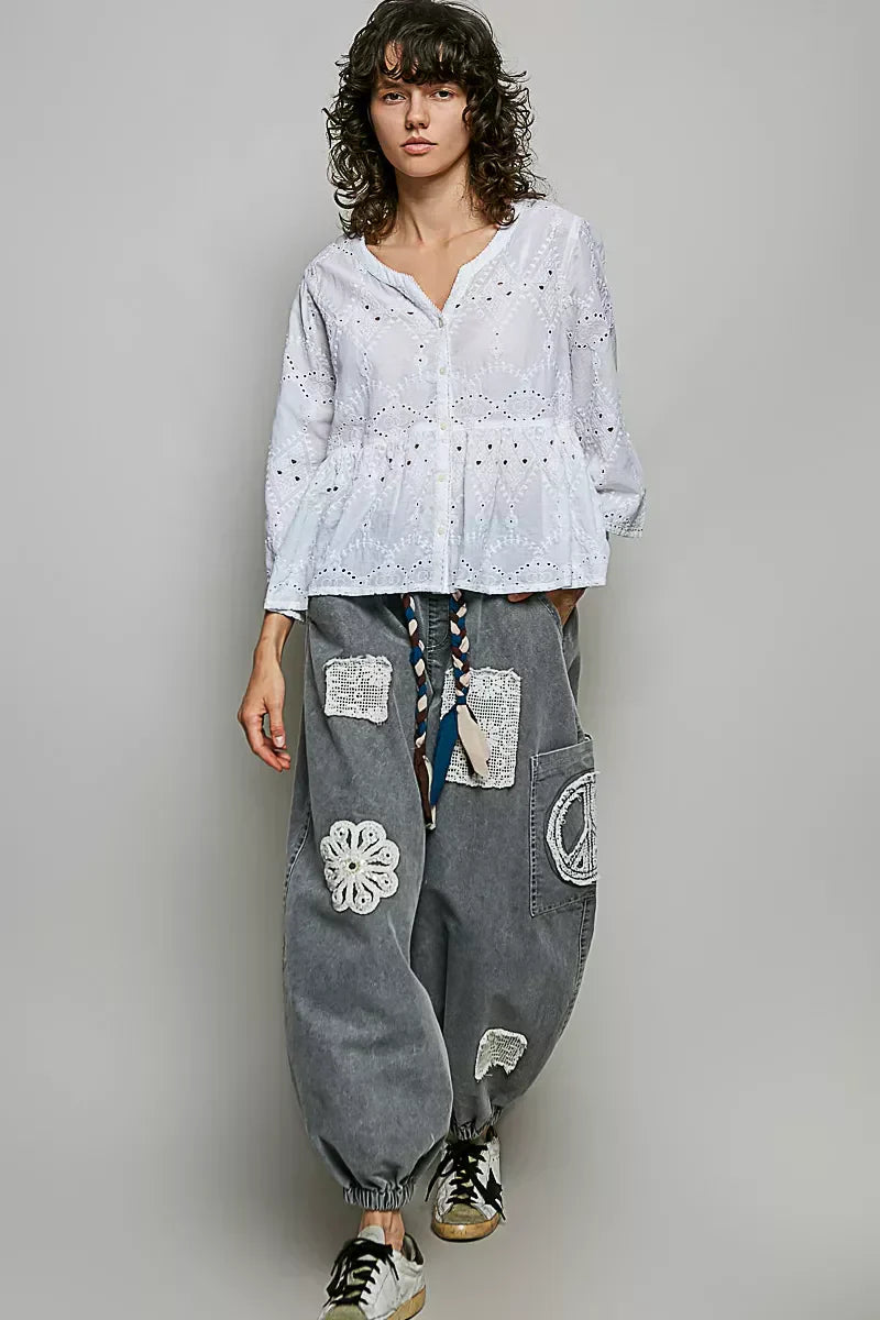 Eyelet Embroidery Peplum Button Front Cotton Shirt