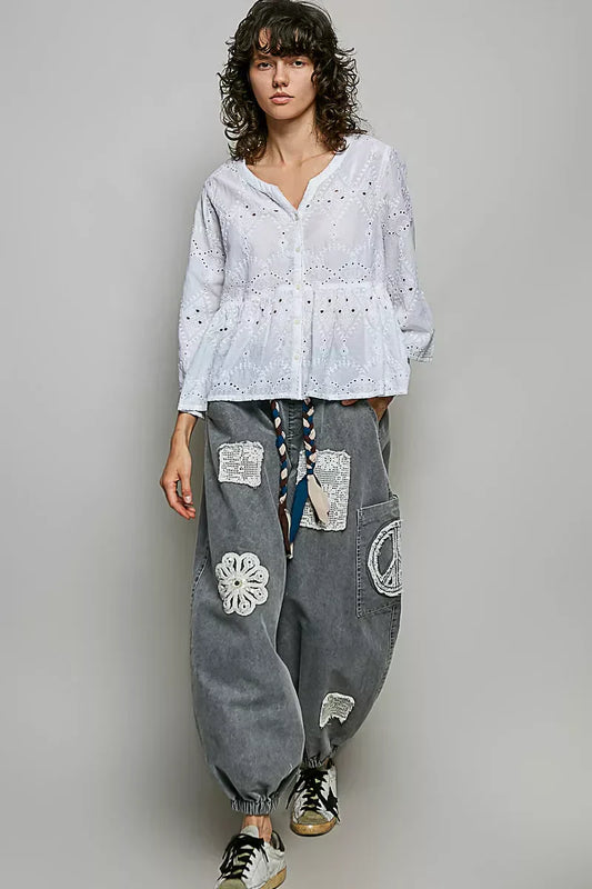 Eyelet Embroidery Peplum Button Front Cotton Shirt