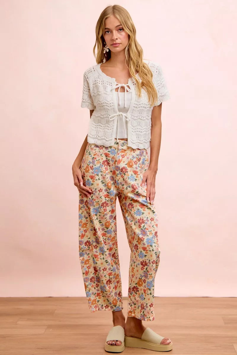 Washed Floral Printed Twill Barrel Pants