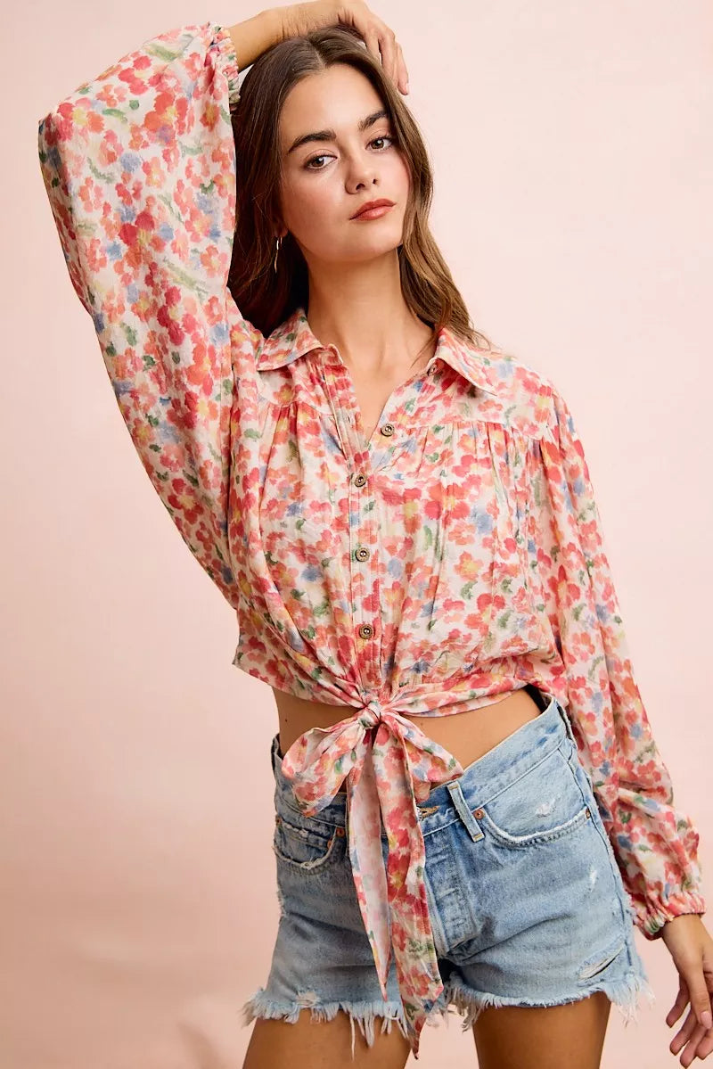 Floral Print Tie Hem Detail Crop Shirt