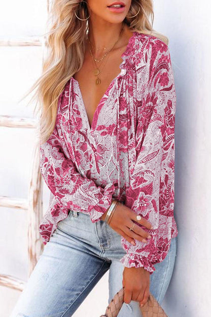 Floral Tie Neck Flounce Sleeve Blouse - Blu Lotus Boutique