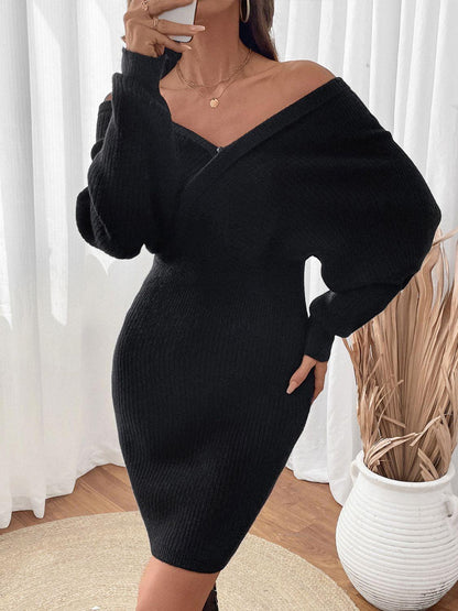 Perfee Surplice Long Sleeve Sweater Dress - Blu Lotus Boutique