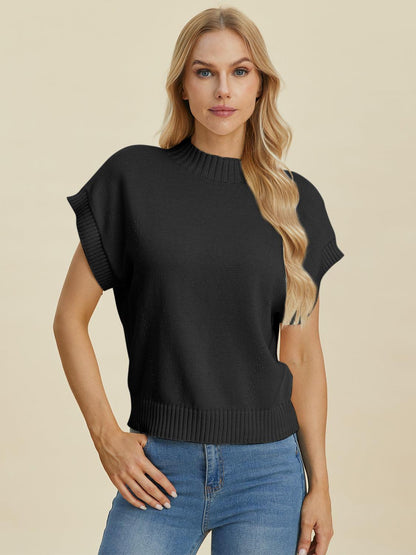 Double Take Full Size Mock Neck Short Sleeve Sweater - Blu Lotus Boutique