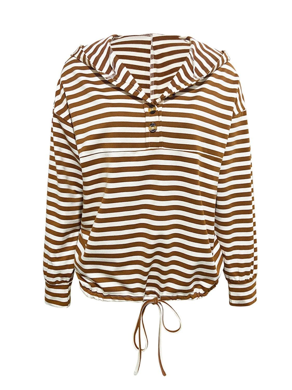 Drawstring Striped Long Sleeve Hoodie - Blu Lotus Boutique