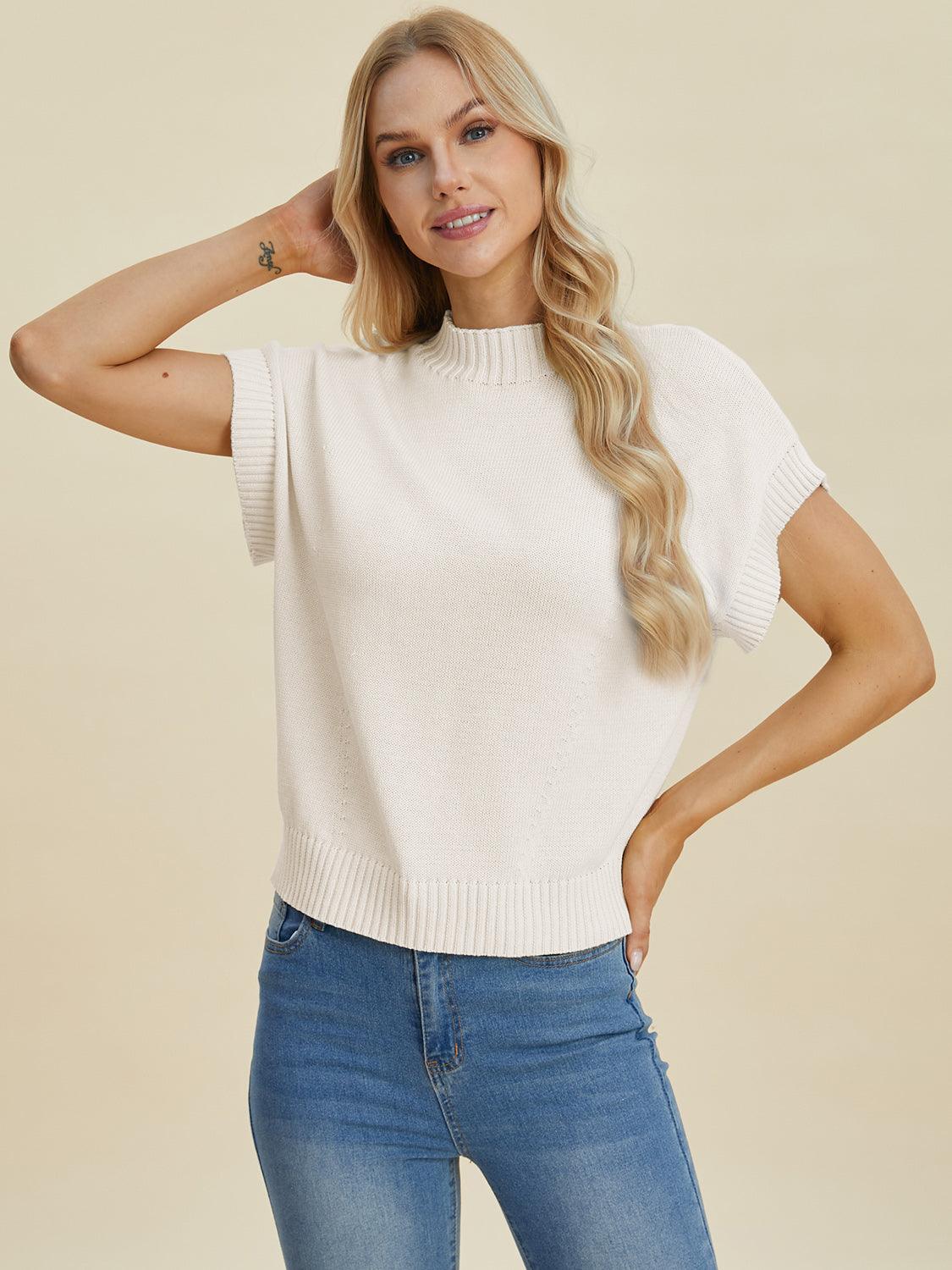 Double Take Full Size Mock Neck Short Sleeve Sweater - Blu Lotus Boutique