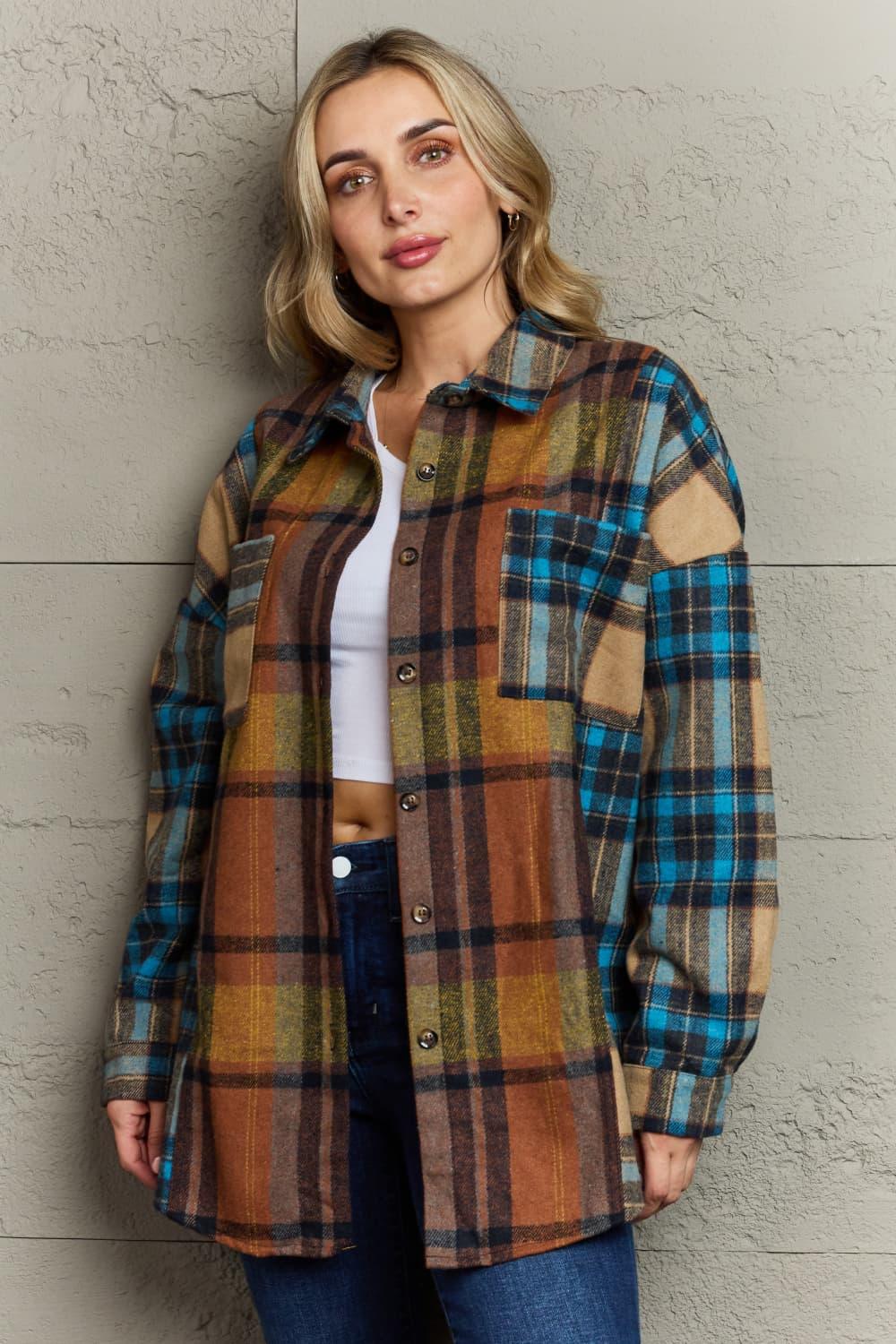 Double Take Plaid Curved Hem Shirt Jacket with Breast Pockets - Blu Lotus Boutique