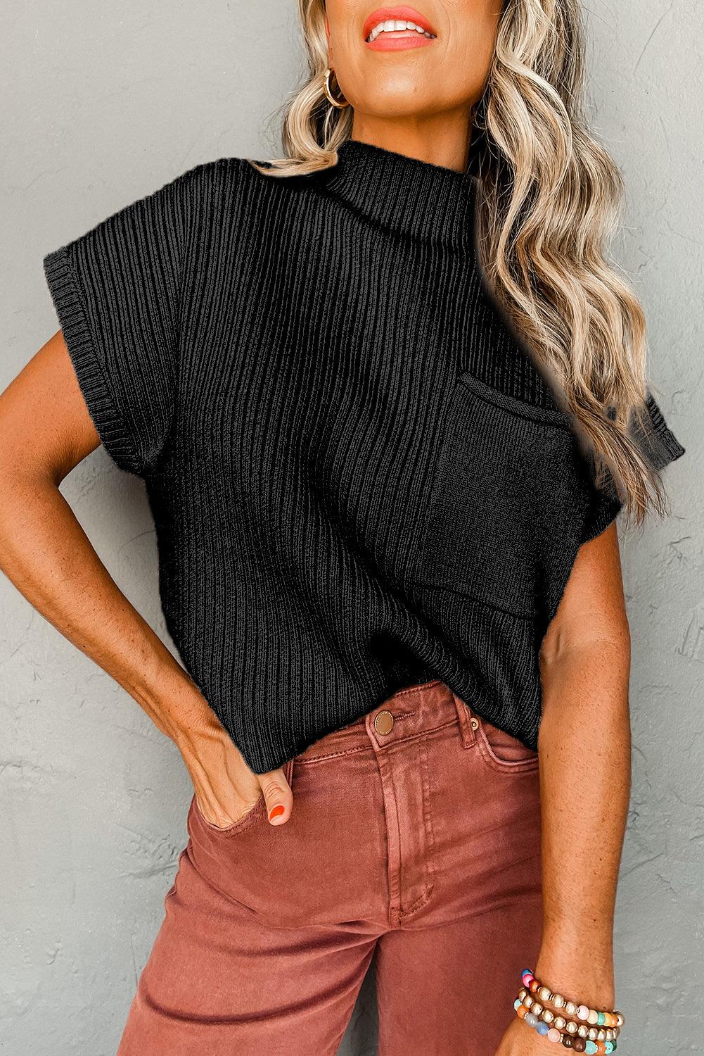 Black Patch Pocket Ribbed Knit Short Sleeve Sweater - Blu Lotus Boutique