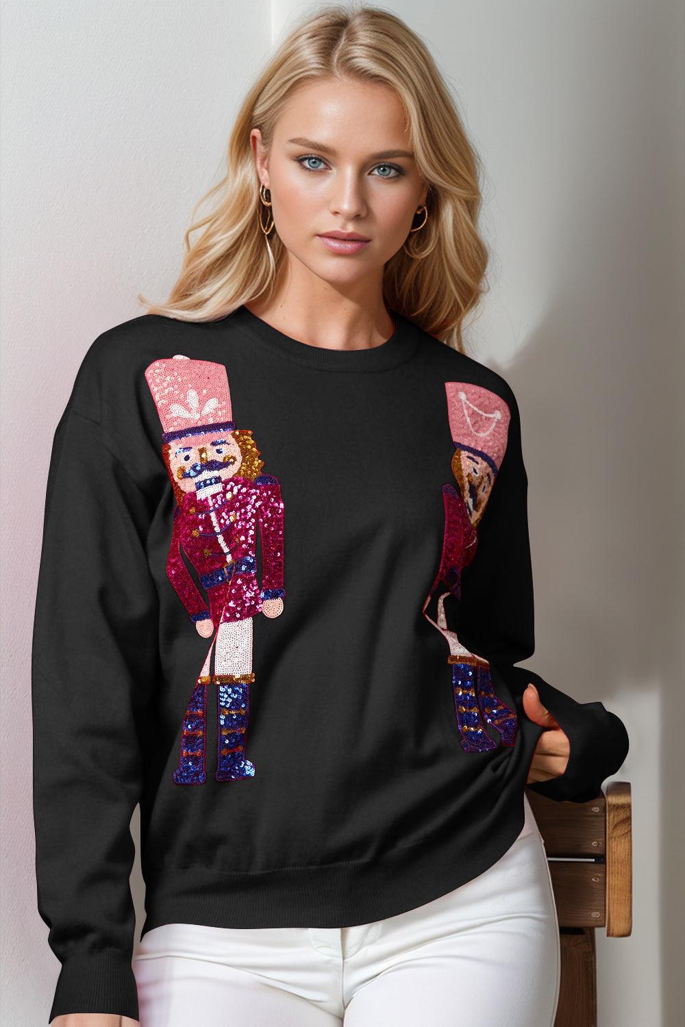 Double Take Full Size Nutcracker Sequin Long Sleeve Sweater - Blu Lotus Boutique