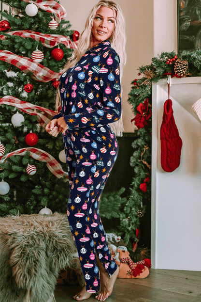 Navy Blue Colorful Christmas Lights Print Shirt and Pants Pajama Set - Blu Lotus Boutique