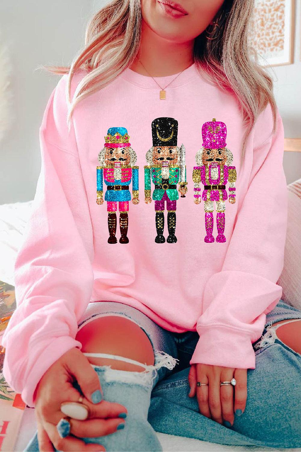 Pink Cute Nutcracker Printed Drop Shoulder Christmas Sweatshirt - Blu Lotus Boutique