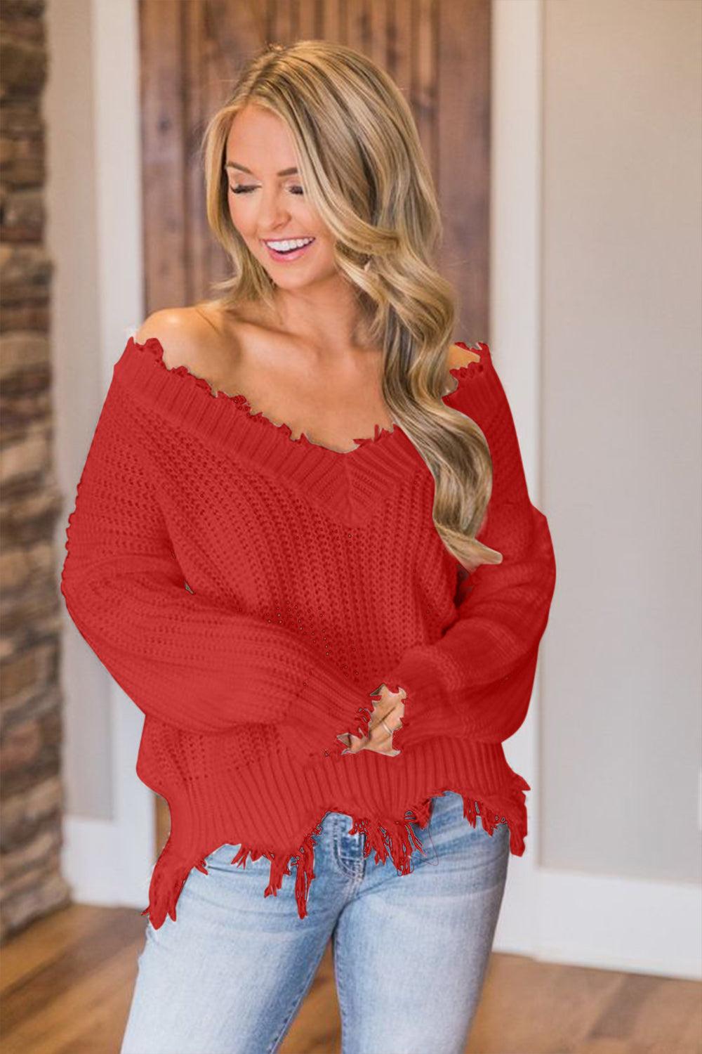 Frayed Hem Dropped Shoulder Sweater - Blu Lotus Boutique