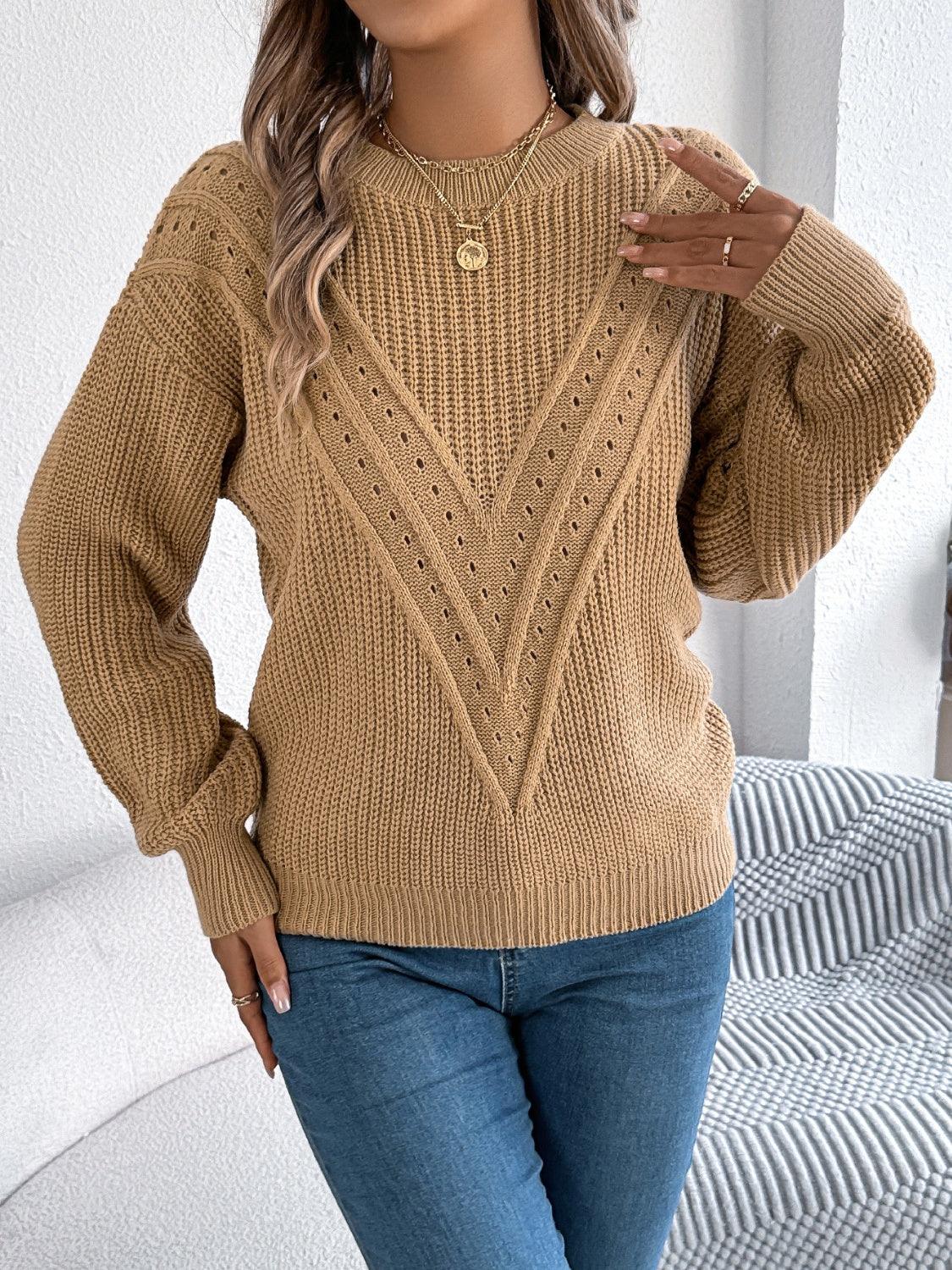 Openwork Round Neck Long Sleeve Sweater - Blu Lotus Boutique