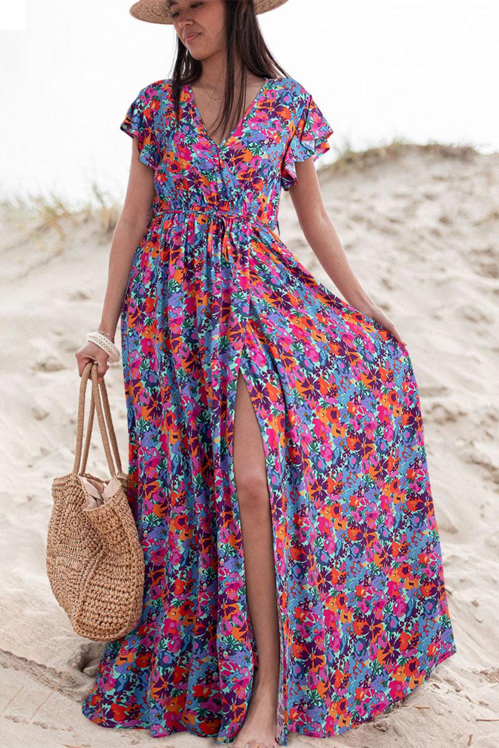 Blue Floral Print V Neck Wrap Split Maxi Dress - Blu Lotus Boutique