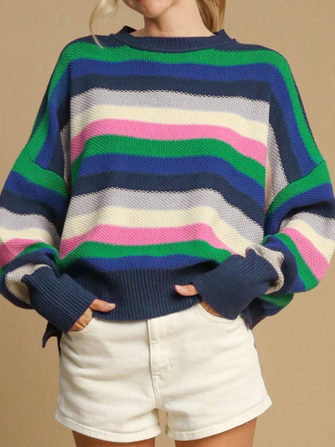 Contrast Striped Round Neck Long Sleeve Sweater - Blu Lotus Boutique