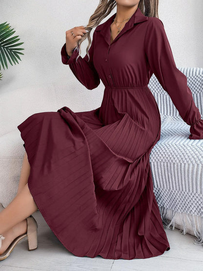 Pleated Half Button Long Sleeve Midi Dress - Blu Lotus Boutique