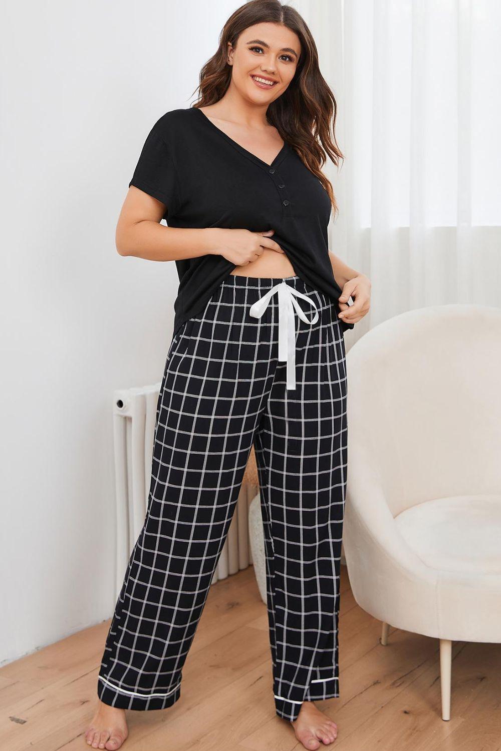 Plus Size V-Neck Top and Plaid Pants Lounge Set - Blu Lotus Boutique