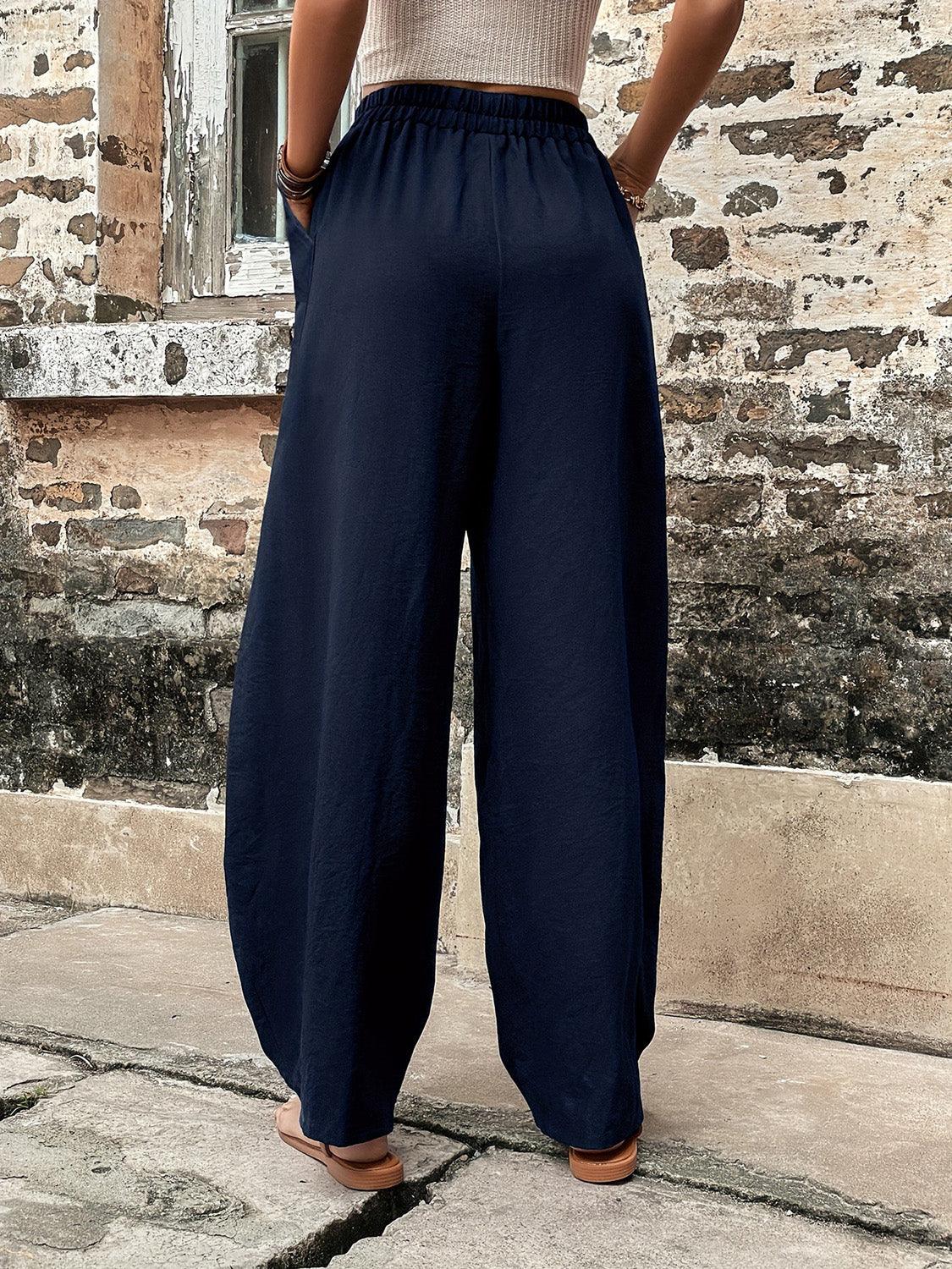 Elastic Waist Pants with Pockets - Blu Lotus Boutique