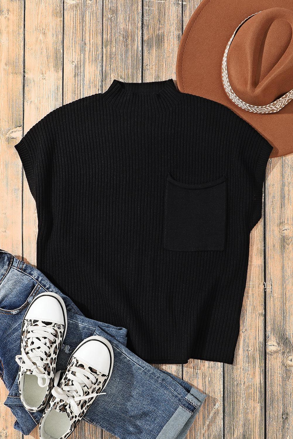 Black Patch Pocket Ribbed Knit Short Sleeve Sweater - Blu Lotus Boutique