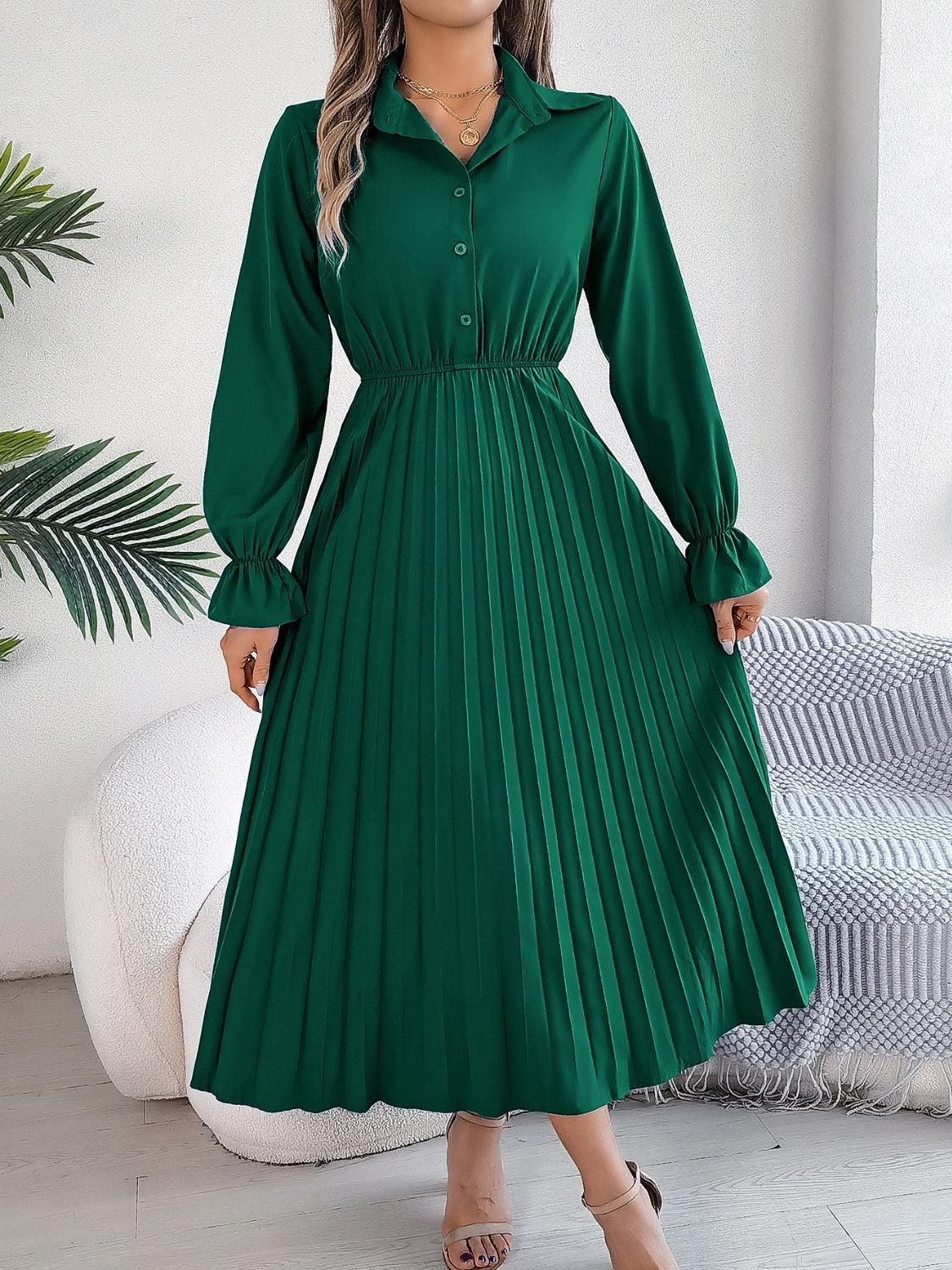 Pleated Half Button Long Sleeve Midi Dress - Blu Lotus Boutique