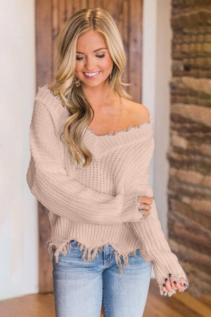 Frayed Hem Dropped Shoulder Sweater - Blu Lotus Boutique