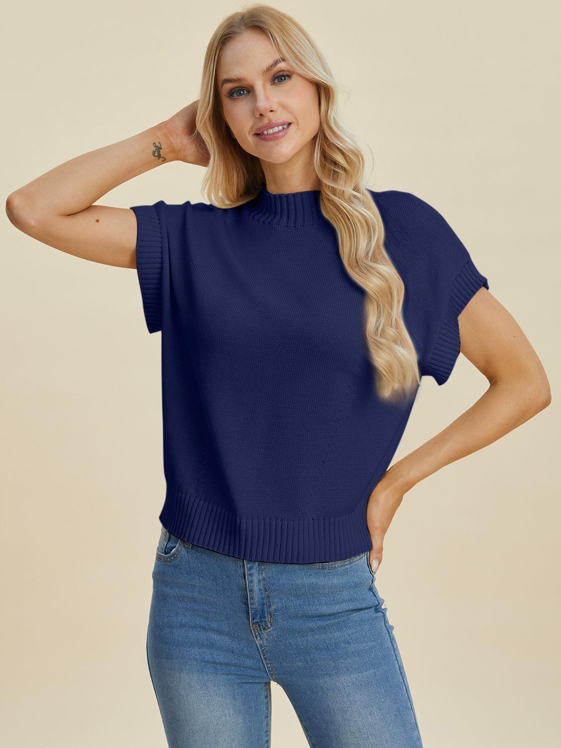 Double Take Full Size Mock Neck Short Sleeve Sweater - Blu Lotus Boutique